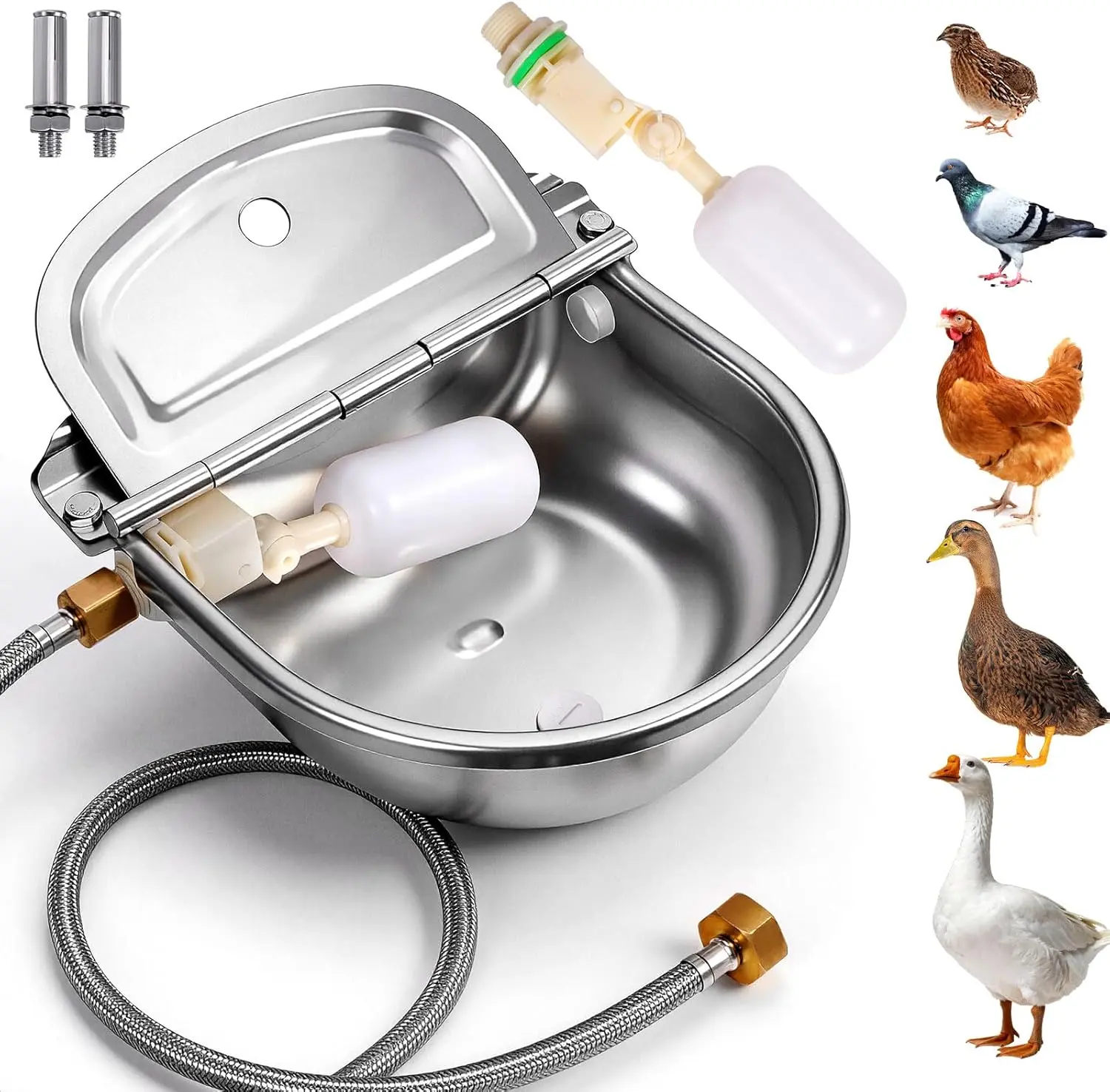 Metal Automatic Chicken Waterer, Duck Waterer No Mess| Stainless Steel Outdoor Wall Mounted Chicken Water Dispenser with Float Valve, Hose and Drain Plug for Chicken Coop