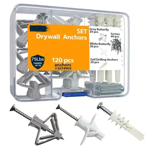 Drywall Anchor Kit with Screws - 120 count Hollow Wall Set (Grey Butterfly, White Butterfly, Self Drilling, Screws) - Plastic Anchors for Drilling Hollow Walls