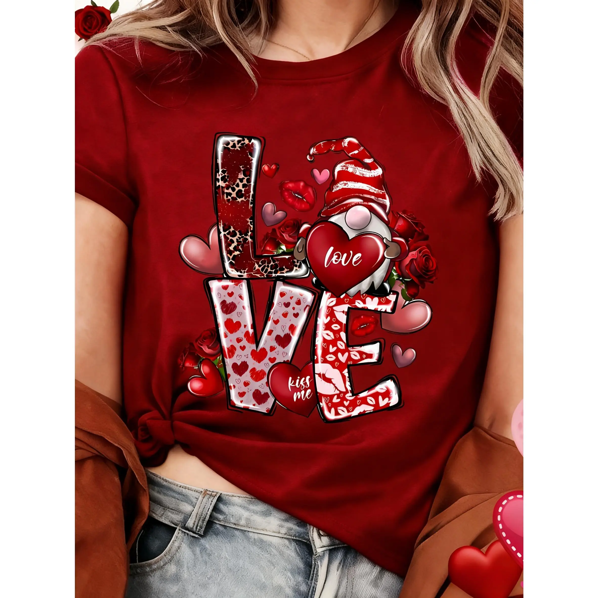 Women's Basic Graphic T-Shirt - 100% Cotton Smooth Fabric, Heart Rose Print, Casual Oversized Short-Sleeve Summer Top, Tshirt, Shortsleeve, Fit, Printed, Tee, Short Sleeves, Side Seamless, Women's Graphic Tees, All Seasons, Asymmetric Print
