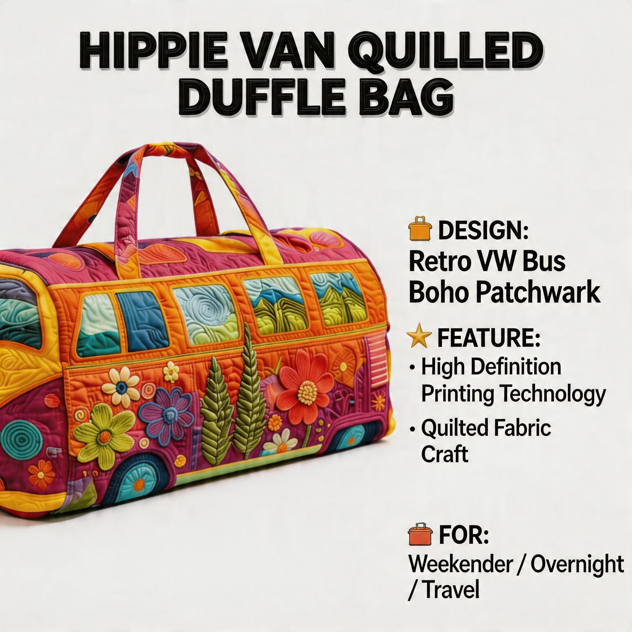 Retro style hippie bus quilted travel bag - Bohemian, high-definition printed bus bag with colorful floral patterns, weekend luggage bag, large capacity fitness bag