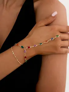 2 Pcs Vintage Metal Finger Cuff Bracelets, Boho Style Colorful Crystal Hand Chains, Perfect for Women, Daily Wear, Holiday Gifts