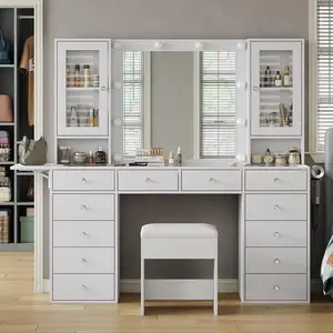 FUSOU [ Valentine's Day ] 55"W Vanity with Power Outlet, Vanity Desk with Mirror and 10 LED Lights, Makeup Vanity with 12 Drawers and 2 Cabinets, Fold-up Panel, Glass Top Vanity Table with Chair for Bedroom