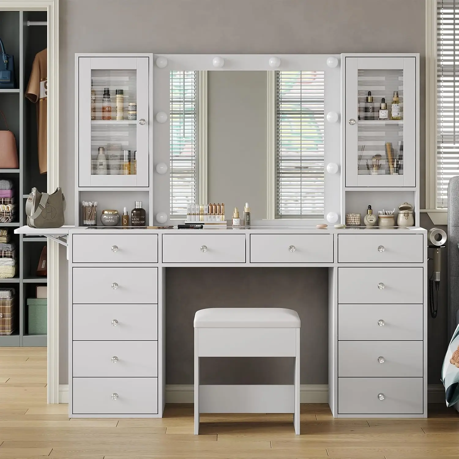FUSOU 55"W Vanity with Power Outlet, Vanity Desk with Mirror and 10 LED Lights, Makeup Vanity with 12 Drawers and 2 Cabinets, Fold-up Panel, Glass Top