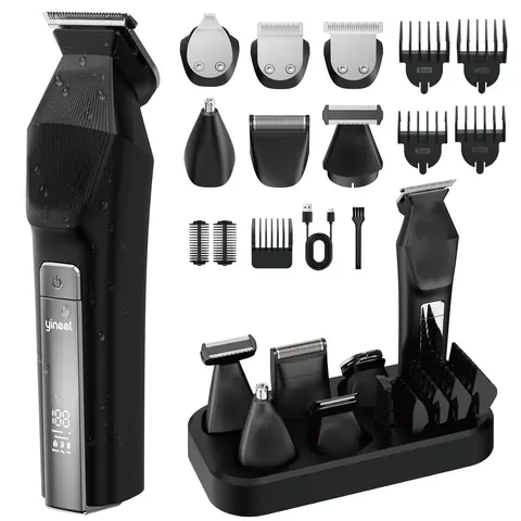 Yineel HC600 Men's Rechargeable Beard Trimmer Grooming Kit - Ceramic Blades, Waterproof Design, Adjustable Attachments, Fast-Charging Rechargeable Battery, Stainless Steel Components, LED Display, for Smooth Shave, Hair Styling, Luxury Gift Box