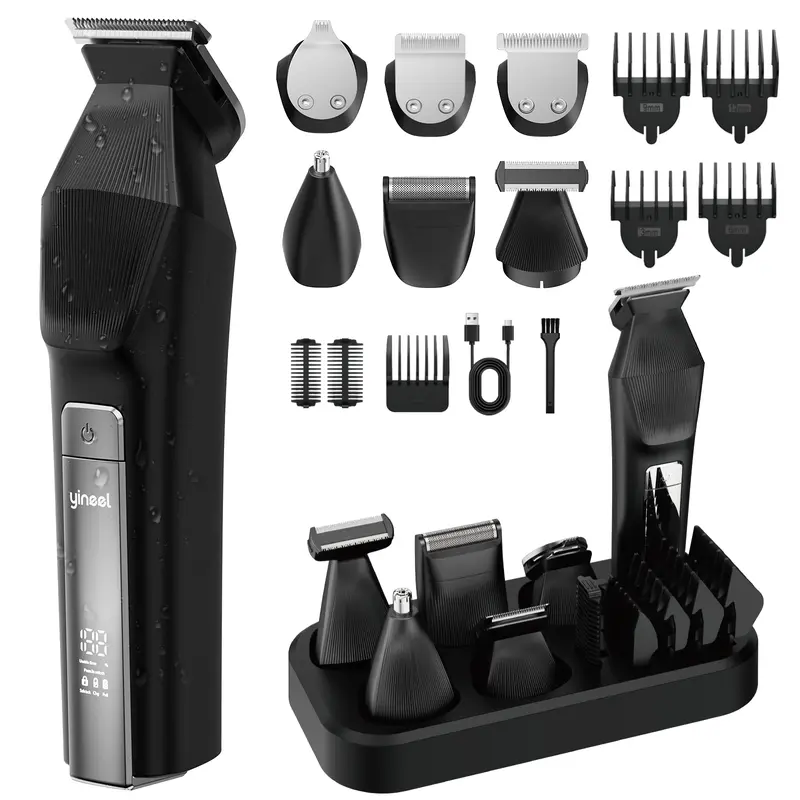 Yineel HC600 Men's Rechargeable Beard Trimmer Grooming Kit - Ceramic Blades, Waterproof Design, Adjustable Attachments, Fast-Charging Rechargeable Battery, Stainless Steel Components, LED Display, for Smooth Shave, Hair Styling, Luxury Gift Box