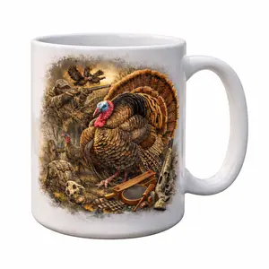 Wild Turkey Hunting Coffee Mug, Vintage Turkey Hunt Scene with Hunter, Shotgun, Backpack and Forest Details, Gift for Dad, Turkey Hunter, Outdoorsman for Thanksgiving or Hunting Season