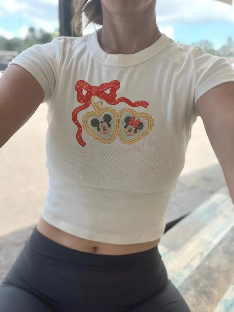 [Sale up to 40%], [Free Ship] Red Micky Minnie Locket Baby Tee, Locket Bow Crop, Minnie Micky Lover y2k tee, Cute youth tshirt, Coquette tank top
