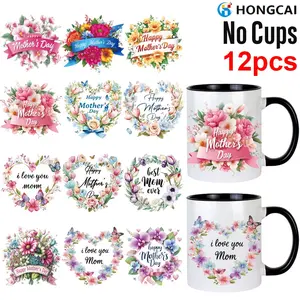 Mother's Day Floral UV DTF Transfer Stickers, Waterproof Decals for Glass Cups Bottles Glasses, DIY Decorative Labels Set of 12