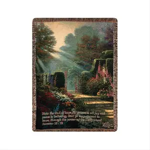 212 MAIN Cotton Tapestry Throw Blanket - Jacquard Woven, Soft Texture, Colorful Garden Scene With Verse, 50x60 in, Tapestry Wall Hanging, Machine Wash Cold