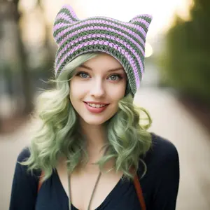 Crochet Hats for Women Handmade Y2k Knit Cat Ear Beanie Hat Winter Fox Hat Slouchy Vintage Goth Grunge Beanies
