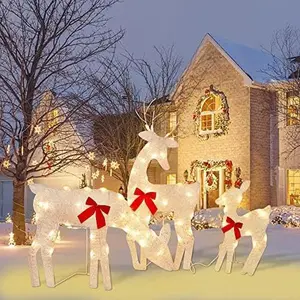 Twinkle Star 3 Pack Tinsel Reindeer Family Lighted 2D Deer Christmas Decor, with Clear 60 Count Lights, Light Up Buck, Doe and Fawn Indoor or Outdoor Yard Lawn Festive Holiday Decoration