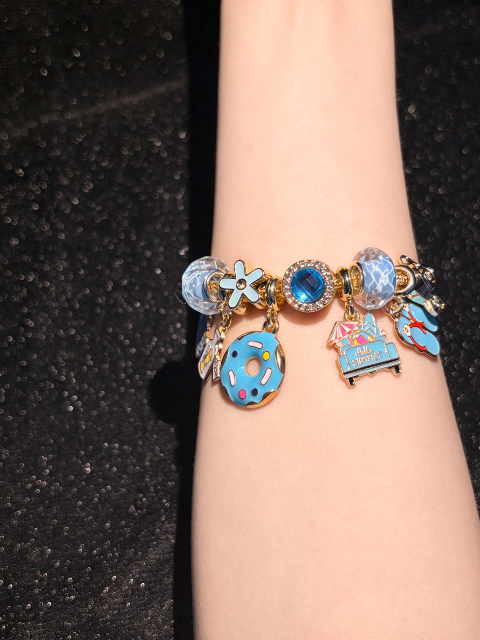 Women's Sparkling Water-Shimmer Crystal Bead Charm Bracelet, Gold-Tone Adjustable Snake Chain with Donut Bottle Shell Enamel Charms, Summer Vacation Fashion Jewelry Gift