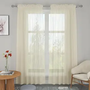 Beige Sheer Curtains Set Semi Light Filtering Voile Rod Pocket Curtains for Windows Treatment Living Room 80 Inch Length Voile Bedroom Linen Textured Panels Drapes 2 Panels 52"x80"