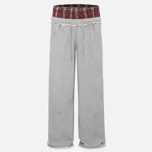 Plaid Patchwork Double Waist Baggy Wide Leg Sweatpants for Men Women, Drawstring Elastic Waist Loose Fit Joggers with Pockets, Vintage Y2K Streetwear Pants, Casual Oversized Lounge Skater Hip Hop Wide Leg Trousers