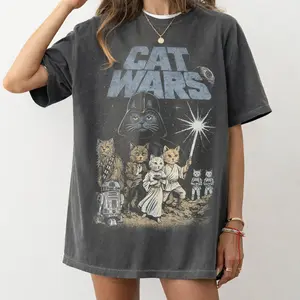 [SALE UP TO 50%] Comfort Colors Cat Wars T-Shirt, Retro Space Cat Graphic Tee, Funny Sci Fi Cat Shirt, Nerdy Pet Lover Gift