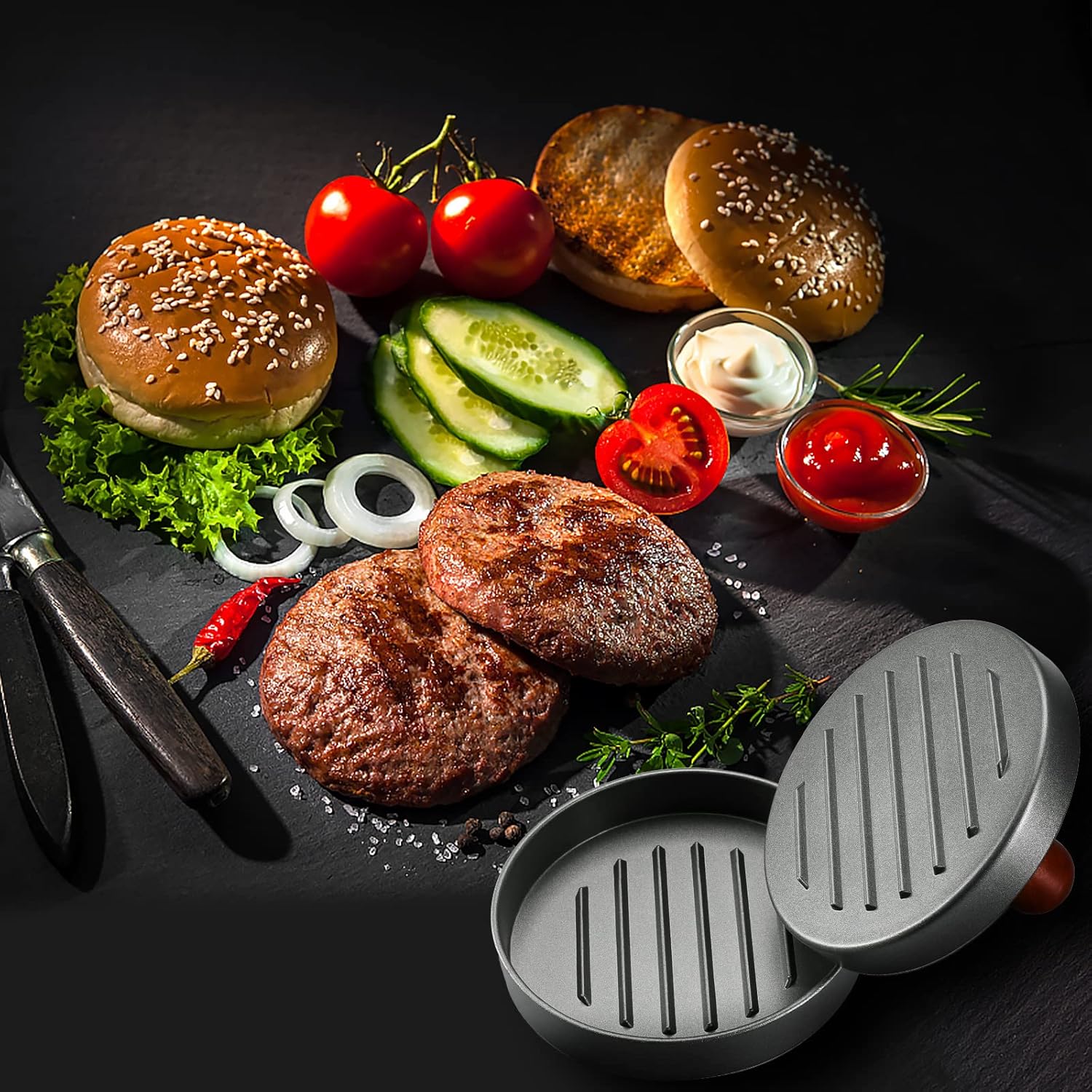 Single Non-Stick Burger Press Patty Maker - Smooth, Lightweight, Sturdy Kitchenware Utensil for Outdoor Grill, Backyard Barbecue, Griddle Cooking, Handheld Labor-Saving Meat Shaper for Uniform Thickness Beef, Cheese, Veggie Patties, Grill‑Ready Tool