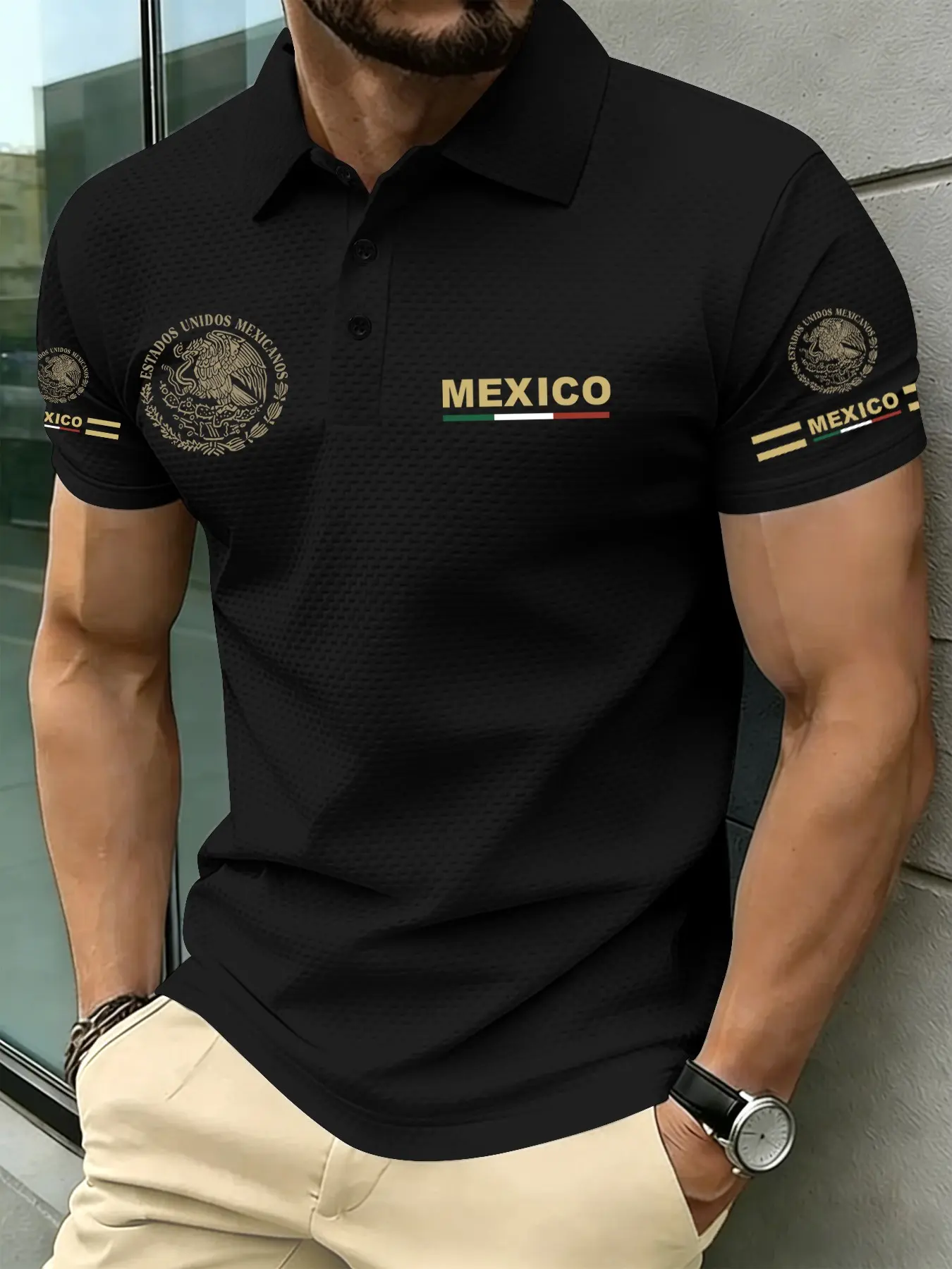 Men's Summer Casual Fitted Short Sleeve Polo Shirt, Mexican Emblem Print, Golf Wear for Daily Sports, Fashionable Men's Clothing, Menswear Top, Printed Polo Shirts