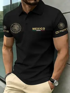 Men's Summer Casual Short Sleeve Polo Shirt, Mexican Emblem Print, Golf Wear for Daily Sports, Fashionable Men's Clothing