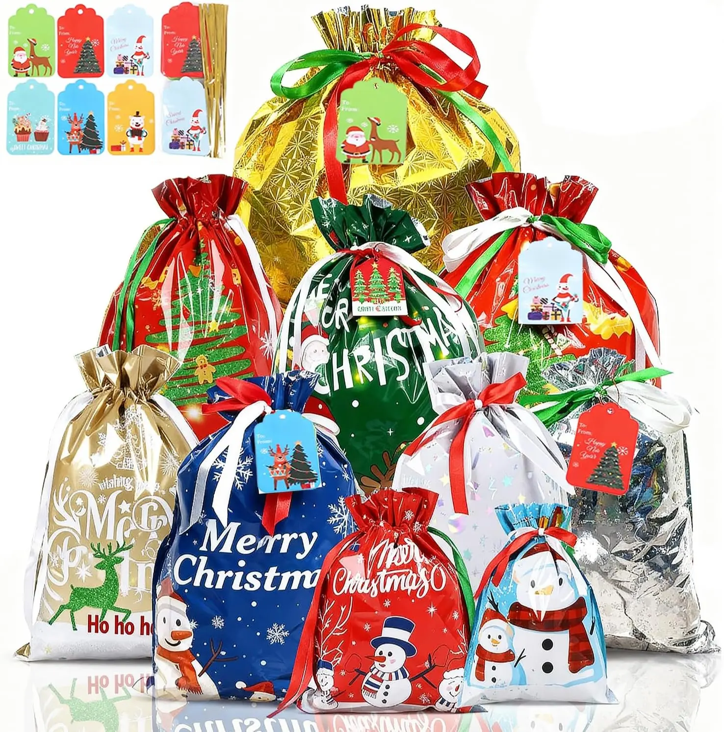38pcs Holiday Assorted Gift Bags Set, Christmas Drawstring Wrapping Bags with Gift Tags, Reusable Large & Medium Party Favor Goody Bags, Bulk Christmas Present Bags, Kids Holiday Bags, Decorative Santa Snowflake goodie Bags halloween goodie items treat