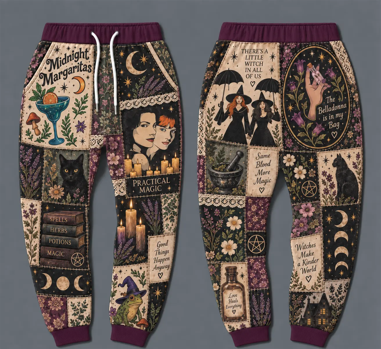 Practical Magic Witchy faux Patchwork Jogger Pants for Women and man. Vintage Gothic Lounge Sweatpants for Halloween