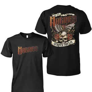 Marines Skull Eagle T-Shirt, Semper Fidelis USMC Est. 1775 Tattoo Style Graphic Tee, Eagle Skull Rose Cotton Shirt for Marine Veterans & Bikers