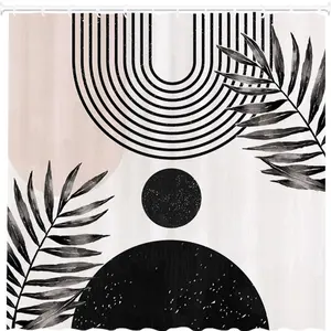 Abstract Black Mid Century Boho Arch Sun Beige Modern Minimalistic Home Bathroom Bathtubs Decoration Plastic Waterproof Shower Curtain with 12 Hooks 72x72 Inch