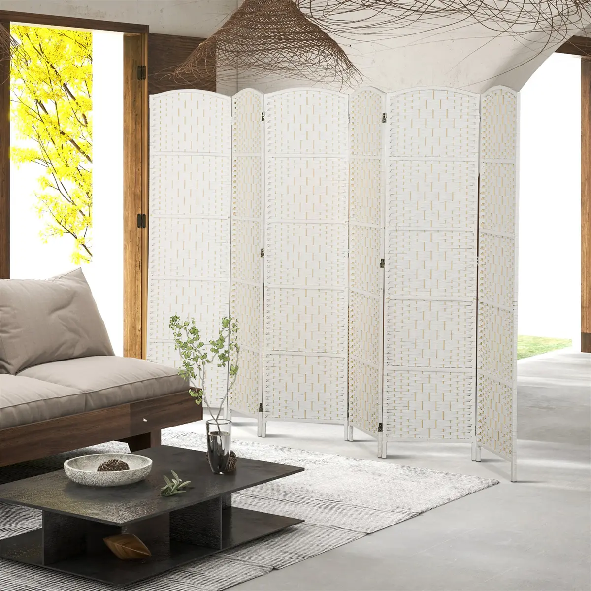 Foldable Room Divider with Arched Top, Solid Frame and Wicker Weave - High-Quality Privacy Screen for Home Office, Bedroom