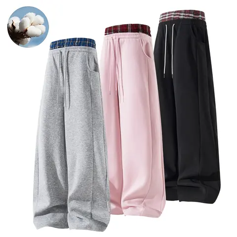 Men’s soft cotton wide-leg sweatpants, plaid color-block design, elastic waistband with drawstring, loose fit for everyday casual wear, long pants with side pockets