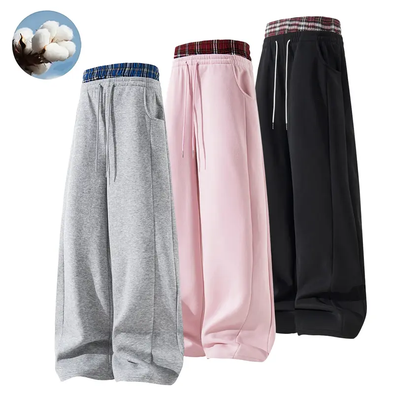 Men’s soft cotton wide-leg sweatpants, plaid color-block design, elastic waistband with drawstring, loose fit for everyday casual wear, long pants with side pockets