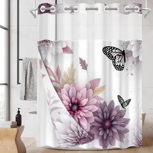 1pc hookless shower curtain with buckle lining, spring pink and purple floral butterfly design, 2D flat printing, fabric waterproof lining, see-through double-layer shower curtain, 71 x 74 inches, modern home draping curtain, Bathroom Curtain