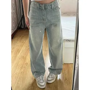 Light blue rhinestone straight leg jeans for women, new design, high-waisted, slimming wide-leg trousers