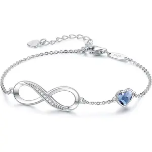 Valentine's Day Gift Infinity Heart Birthstone Charm Link Bracelet for Women 925 Sterling Silver Adjustable Mother's Day Christmas Day Gift Anniversary Birthday Jewelry for Wife Girlfriend Her