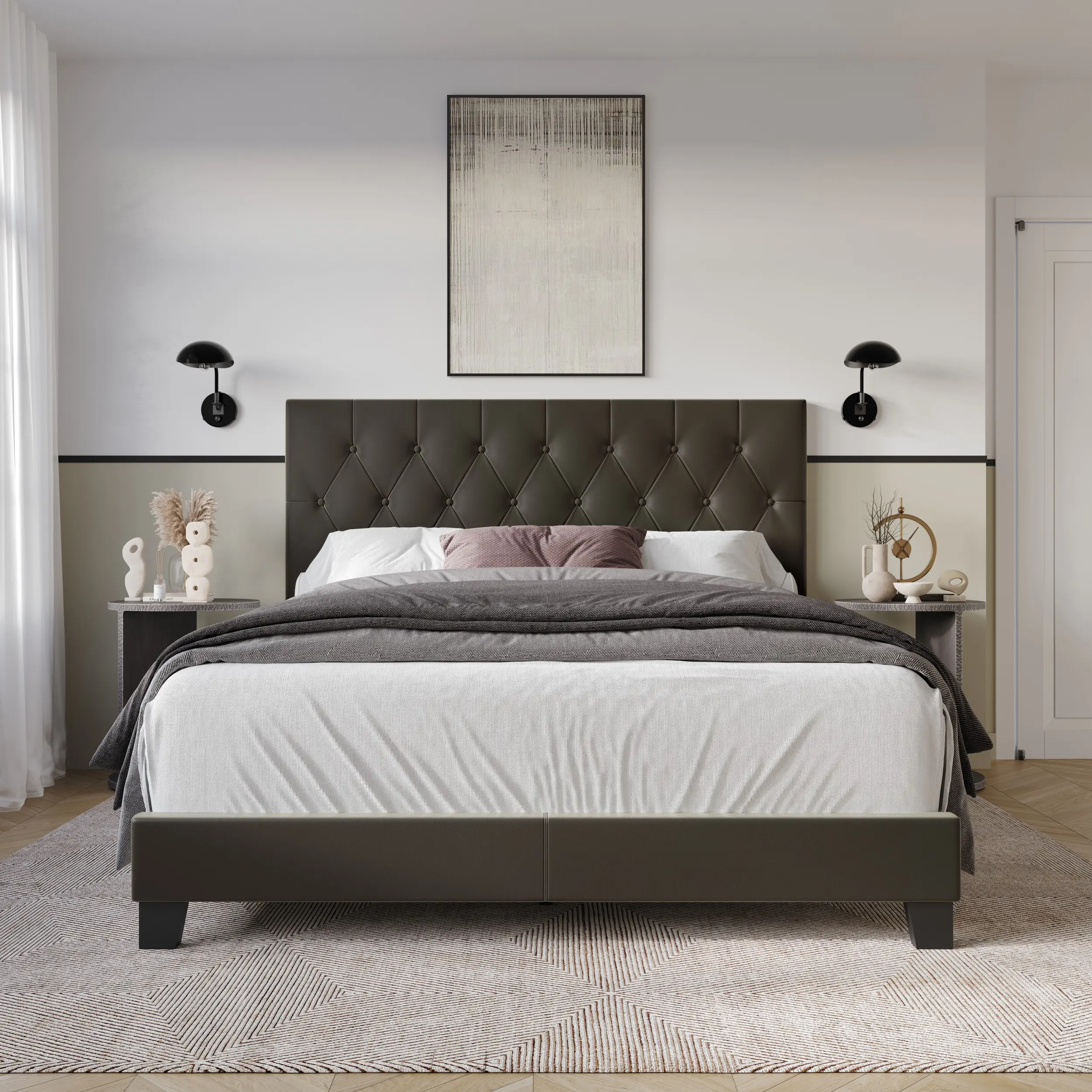 Favorer Omaha Tufted Upholstered Panel Bed - Full Size Bed with Headboard, Sturdy Bedroom Bedframe for Indoor Furniture, Tufted Beds