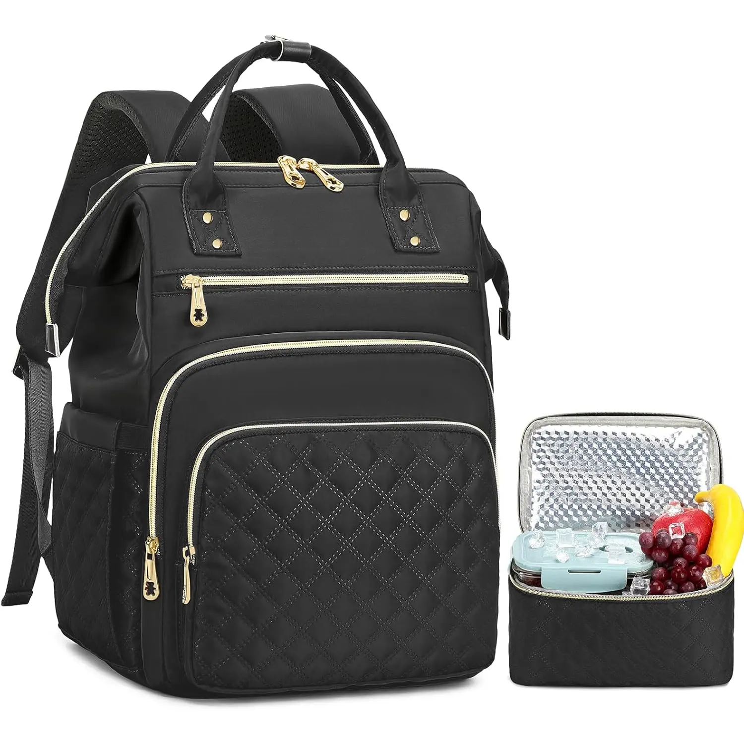 Lunch Backpack for Women, 15.6 inch Laptop Backpack with Insulated Cooler Lunch Bag Set for Lunch Box Work Backpack for Travel Nurse Teacher, Black
