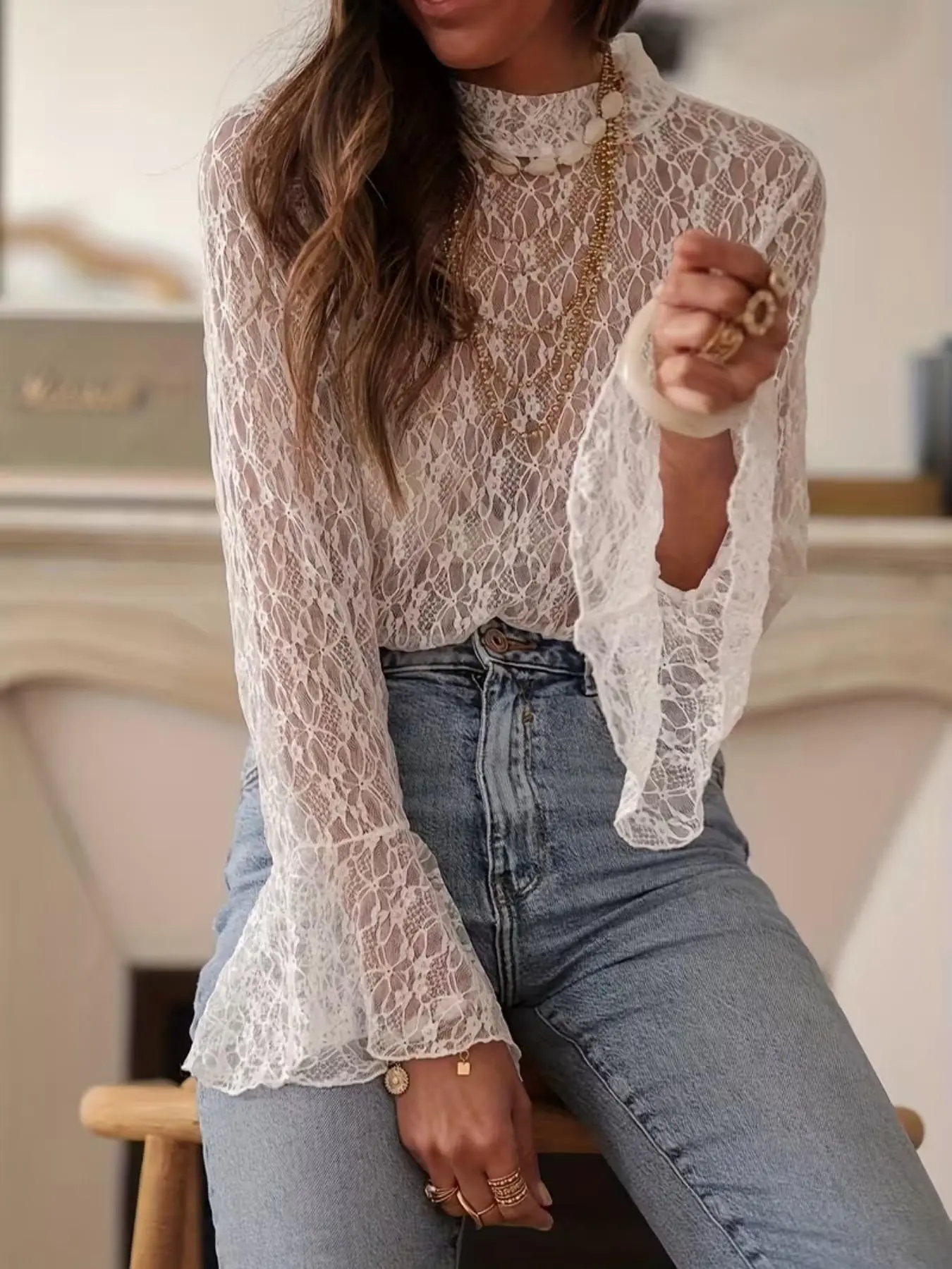 Elegant French Style High Neck Lace Floral Ruffle Shirt Blouse Top, Long Sleeve Loose Fit, Casual Elegant Ruffle, Everyday Easy Care, Spring & Summer Wear Womenswear Elegance Femininity