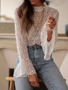 Elegant French Style High Neck Lace Floral Ruffle Shirt Blouse, Long Sleeve Loose Fit, Easy Care, Spring & Summer Wear