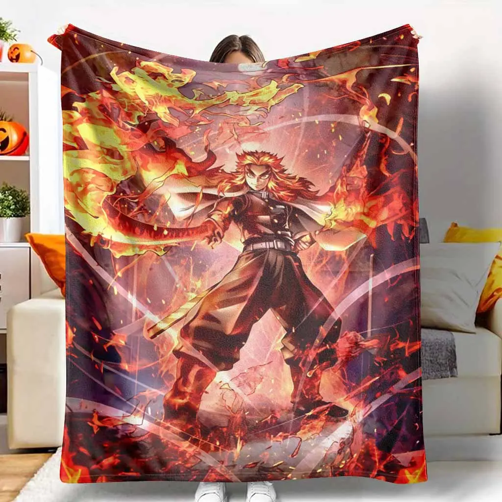 Blazing Flames Flannel Character Graphic Blanket - Demon Slayer-Inspired Rengoku Fire Print, Soft Breathable Lightweight Bed Warmer, Anime Panel Fantasy Character Throw for Sofa, Camping Gift, Character Graphic Blankets, Demon Slayer-Inspired Blankets