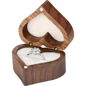 Wooden Heart Shape Ring Gift Box, Personalized Vintage Wood Jewelry Box, 2 Slot, for Proposal, Engagement, Wedding, Anniversary