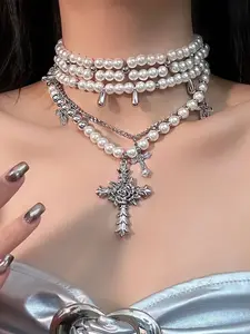 1 Baroque pearl cross, layered choker necklace, suitable for women's niche, light luxury temperament, versatile sweater chain
