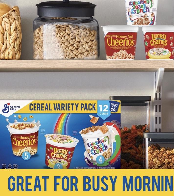Cereal Cups Variety Pack 12 pk Includes Honey Nut Cheerios Lucky Charms & Cinnamon Toast Crunch