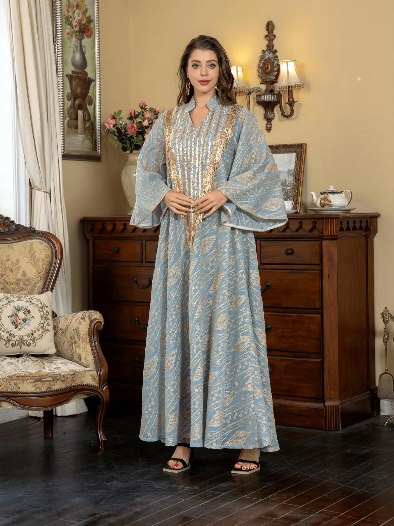 Women's Geometric Embroidery Fringe Trim Notched Neck Tulle Kaftan Dress, Elegant Butterfly Sleeve Long Dress for Party Wedding Guest, Ladies Islamic