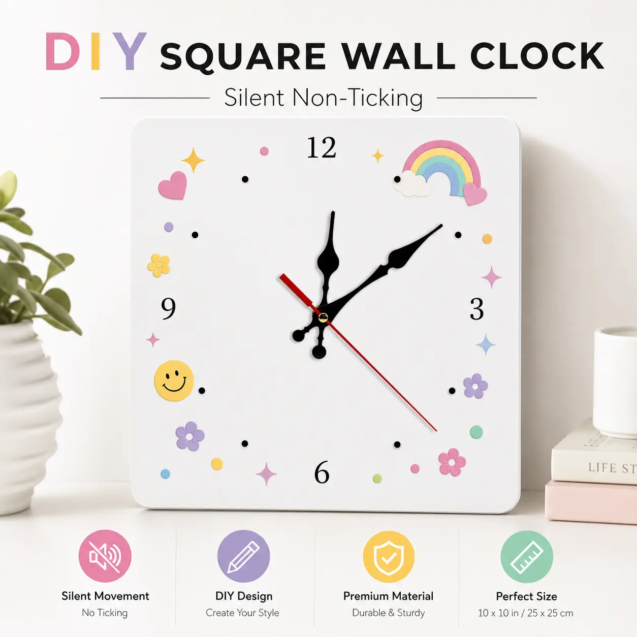 Cute Square Wall Clock for Kids Room, Silent Non-Ticking Decorative Analog Wall Clock with Rainbow, Hearts, Flowers and Smiley Face, Battery Operated Bedroom Clock