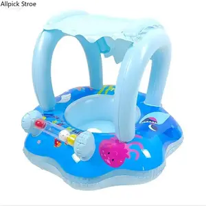 Baby Swim Float with Sun Canopy, Anti-Tip Inflatable Pool Float Seat with Interactive Toy Bar, Toddler Swimming Ring for Safe Water Play, Pool Training and Summer Outdoor Fun, Ideal for Beach, Pool Parties and Family Vacations