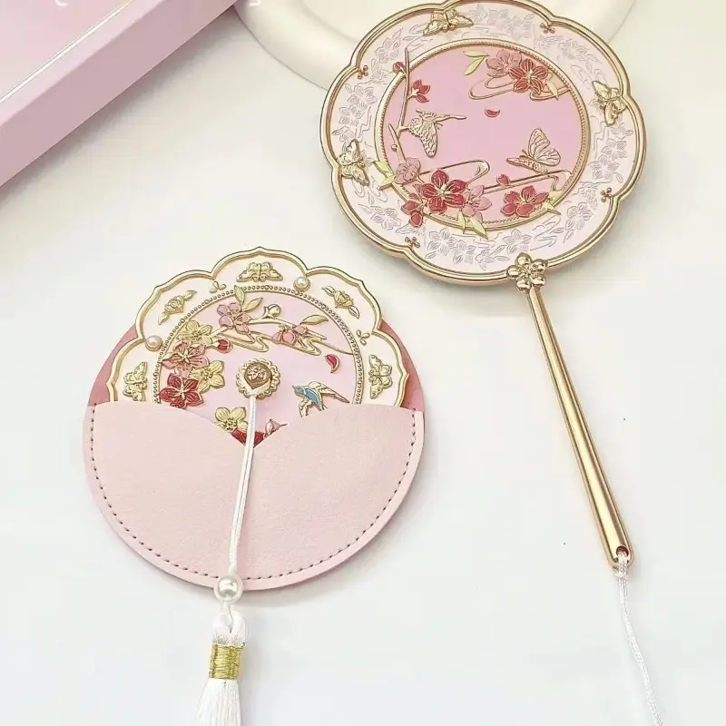 Chinese Ancient Style Peach Blossom-Embellished Cosmetic Mirror, Portable Pocket Travel Makeup Mirror with Human Face Design, Cultural Creative Gift for Teen Girls for Makeup