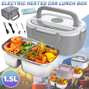 3-in-1 Lunch Box Food Warmer, 65W, Leak Proof, 50.72oz Detachable, 110V/12V/24V for Work/Auto/Outdoor with Fork Spoon and Tote Bag