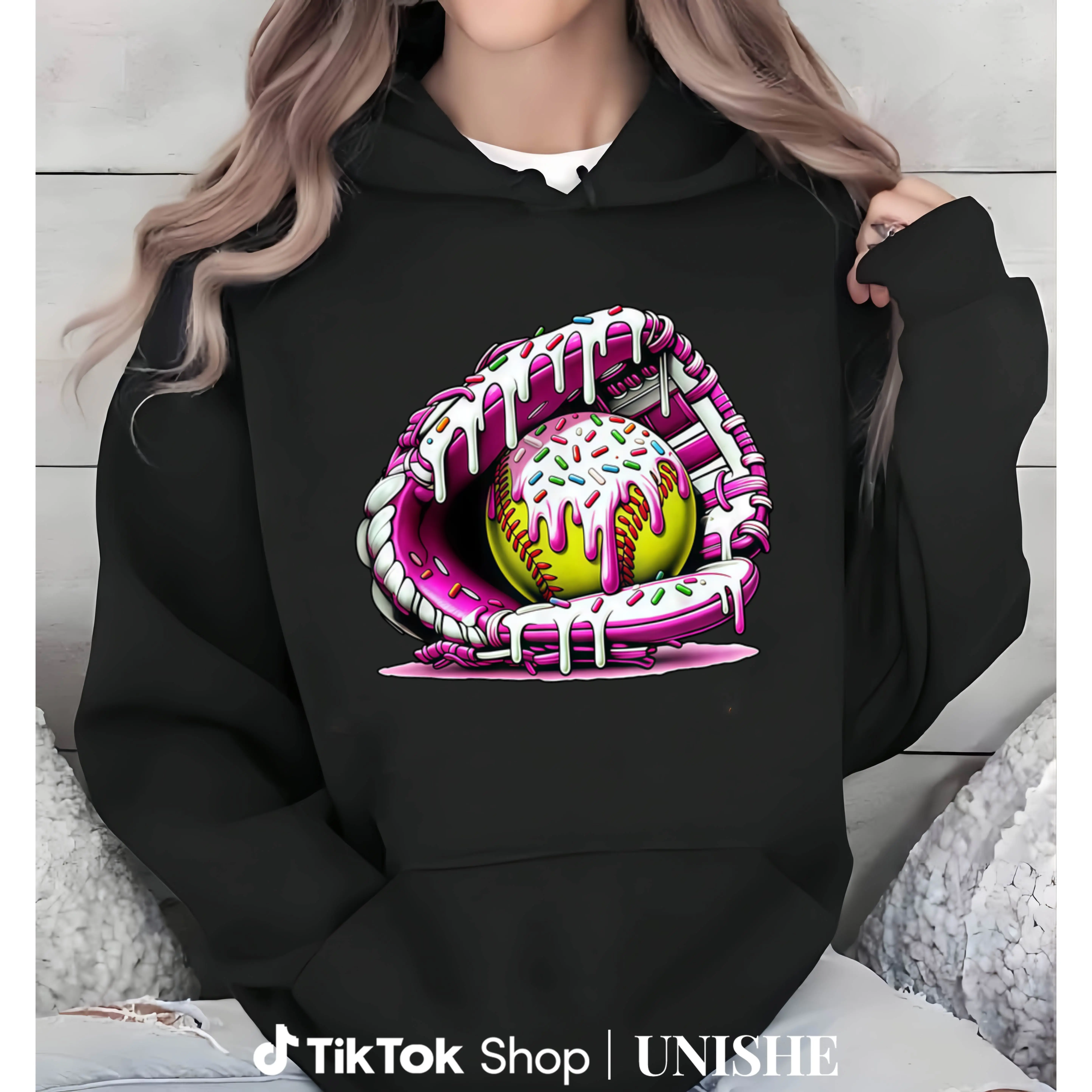 100% Softball Drip Long Sleeve Hoodie – Unisex Softball Glove with Ice Cream Sprinkles Womenswear Prints Sweatshirts