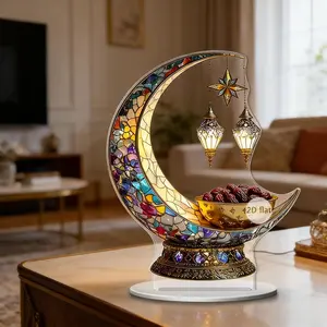 Islamic Elegant Crescent Moon & Lantern Desktop Ornament, 2D Moon Crescent Lantern Sign Ornaments for Muslim Islam Ramadan Eid Decorations