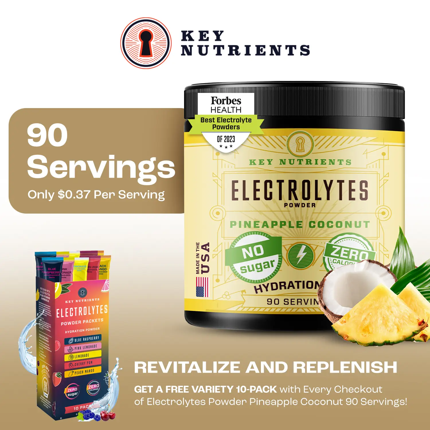 KEY NUTRIENTS Multivitamin Electrolytes Powder No Sugar - Tropical Pineapple Coconut Electrolyte Powder - Endurance & Energy Supplement - Hydration Po