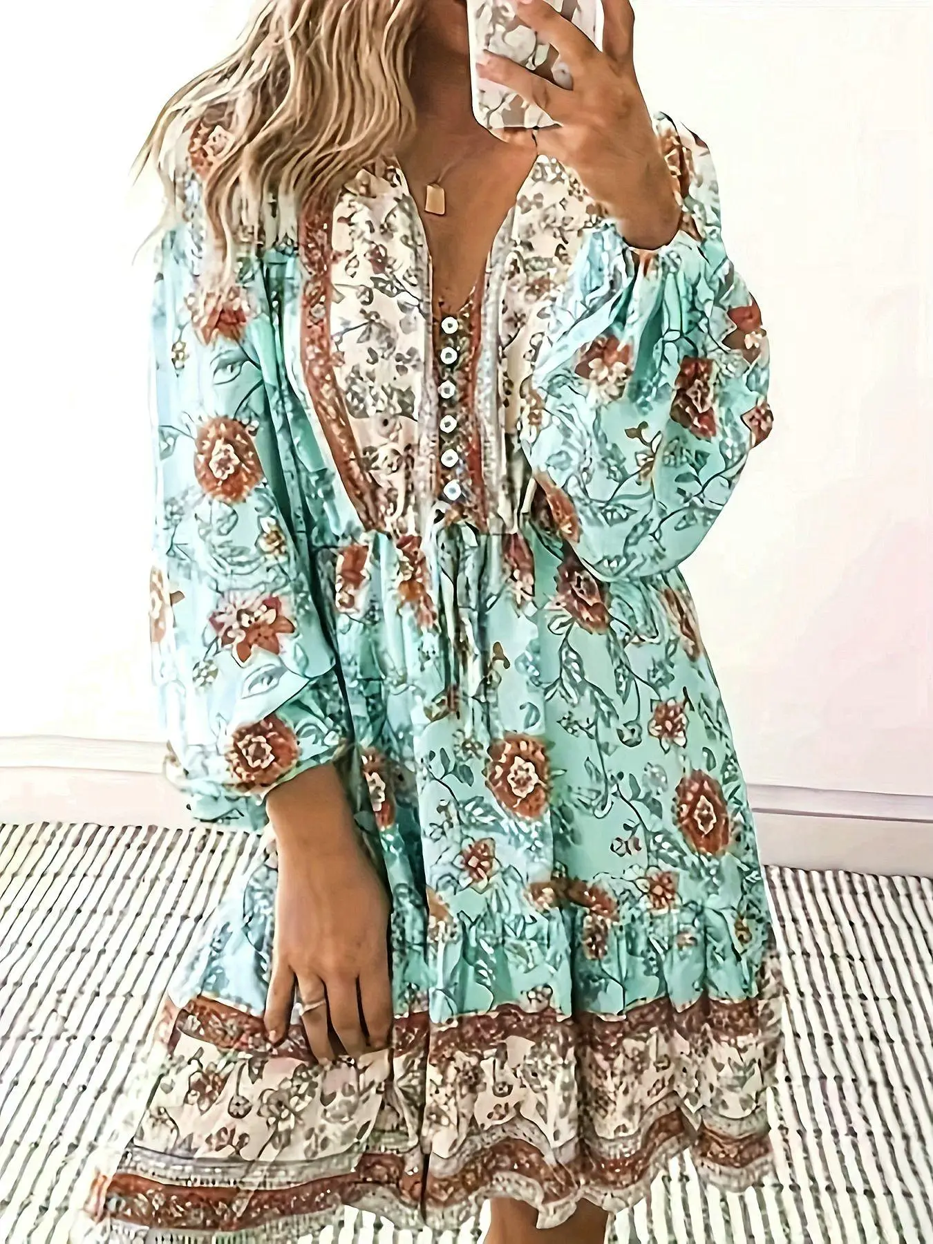 Women's Ethnic Floral Pattern Button Front Ruffle Hem Dress, Casual Boho Fashion Bishop Sleeve Tie Front V Neck A Line Short Dress for Beach Holiday V