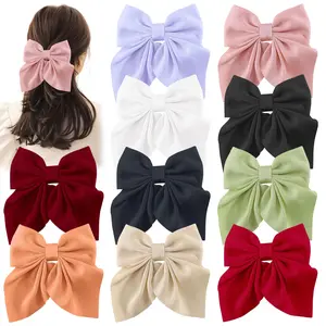 10 Pcs Bow Hair Clips for Women Girls 5.5 Inch Big Hair Bows 10 Solid Colors Handmade Soft Fabric Bowknot French Barrettes Hair Accessories